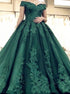 Off the Shoulder Appliques Dark Green Tulle Ball Gown Prom Dress LBQ1817